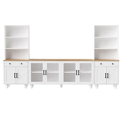 Bellemave® 110" Farmhouse TV Stand with Solid Wood Gourd - Shaped Legs and Adjustable Shelves, Bookshelves & Tempered Glass Doors - Bellemave