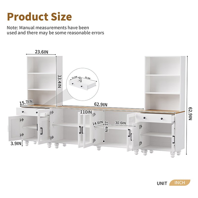 Bellemave® 110" Farmhouse TV Stand with Solid Wood Gourd - Shaped Legs and Adjustable Shelves, Bookshelves & Tempered Glass Doors - Bellemave