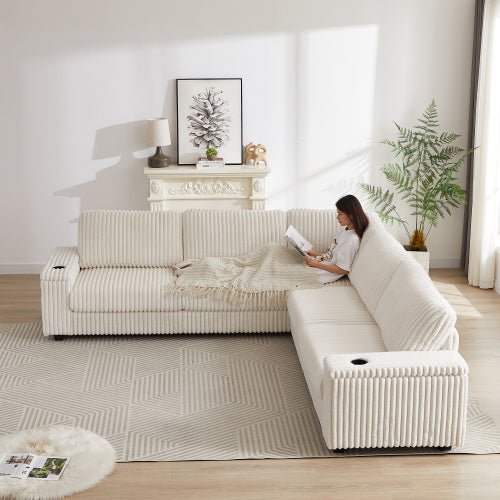 Bellemave® 110" L - Shaped Oversized Corduroy Corner Sofa with Two Storage Spaces,USB Port & T - pyce Port and Cup - Holder - Bellemave