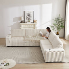 Bellemave® 110" L - Shaped Oversized Corduroy Corner Sofa with Two Storage Spaces,USB Port & T - pyce Port and Cup - Holder - Bellemave