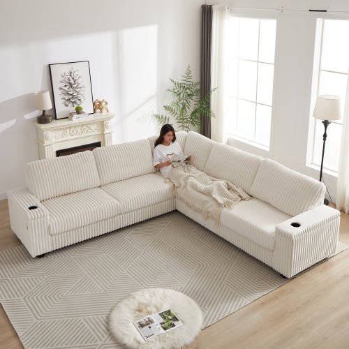 Bellemave® 110" L - Shaped Oversized Corduroy Corner Sofa with Two Storage Spaces,USB Port & T - pyce Port and Cup - Holder - Bellemave
