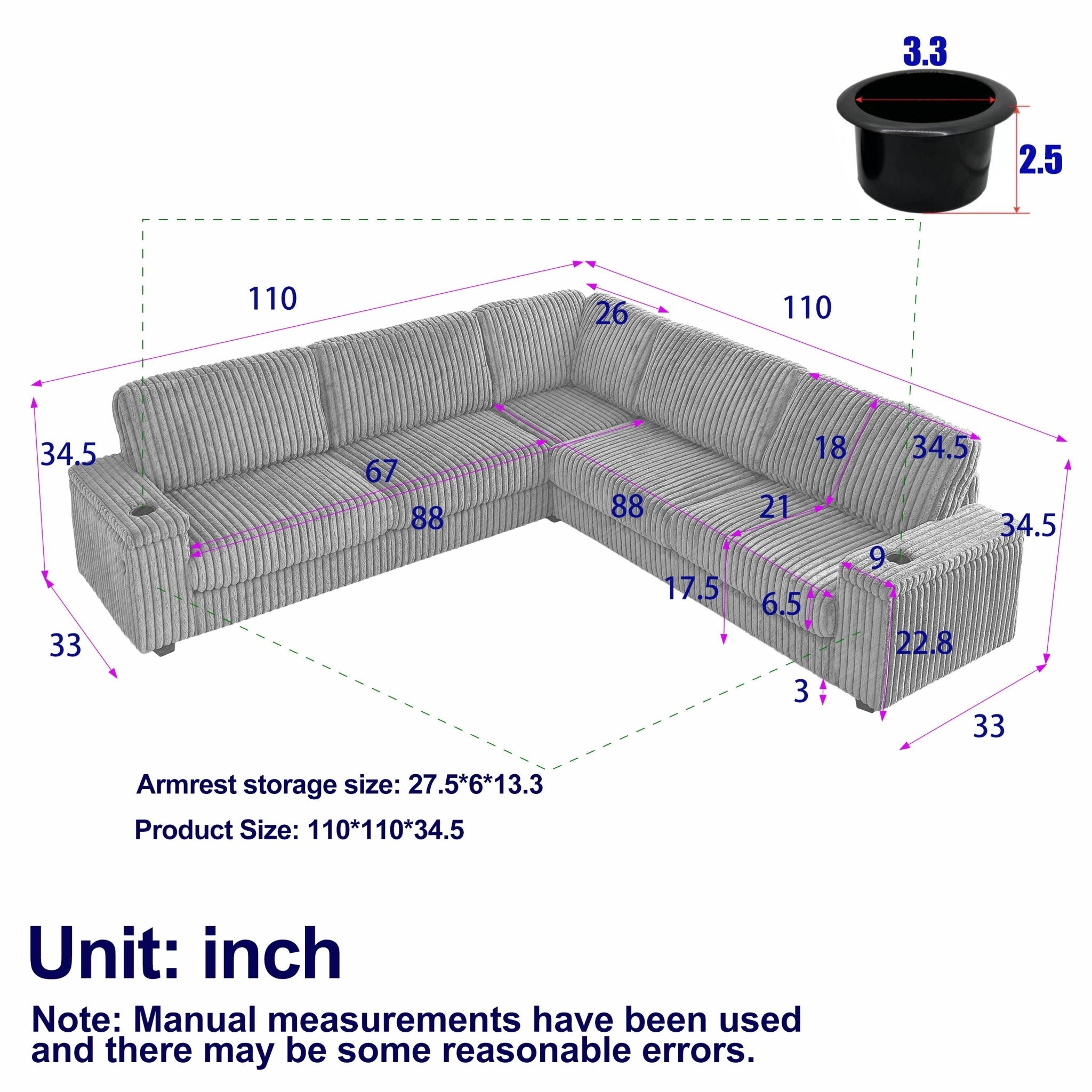 Bellemave® 110" L - Shaped Oversized Corduroy Corner Sofa with Two Storage Spaces,USB Port & T - pyce Port and Cup - Holder - Bellemave