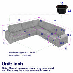 Bellemave® 110" L - Shaped Oversized Corduroy Corner Sofa with Two Storage Spaces,USB Port & T - pyce Port and Cup - Holder - Bellemave