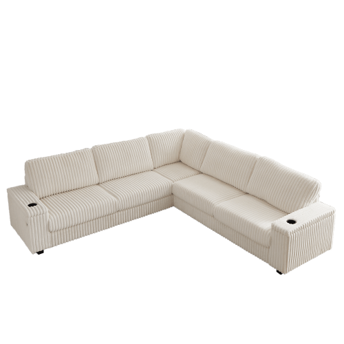 Bellemave® 110" L - Shaped Oversized Corduroy Corner Sofa with Two Storage Spaces,USB Port & T - pyce Port and Cup - Holder - Bellemave