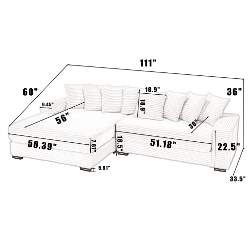 Bellemave® 111" Oversized Two - Piece L Shaped Corduroy Sofa with Armrests and 8 Throw Pillows - Bellemave