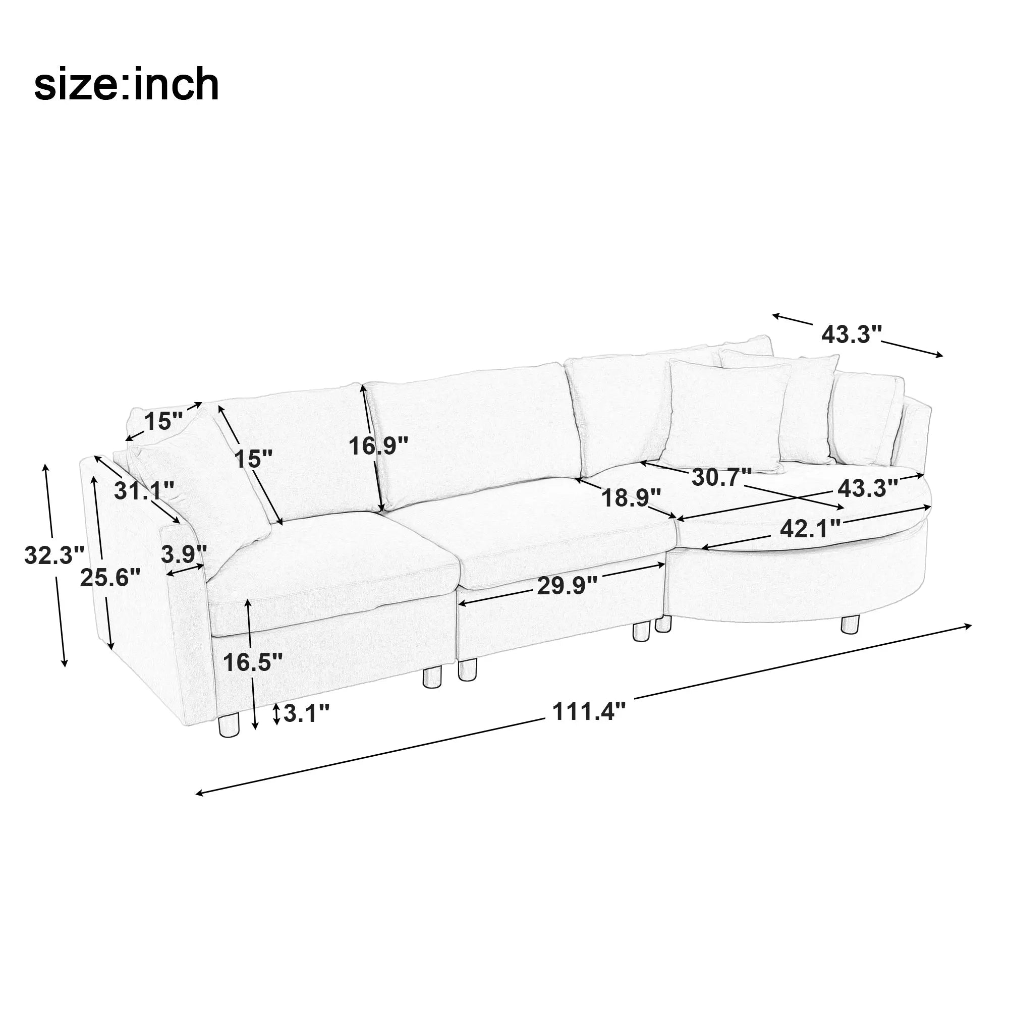 Bellemave® 111.4" Three Indoor Cushioned Combination Sofas with Three Pillows and Curved Seat - Bellemave