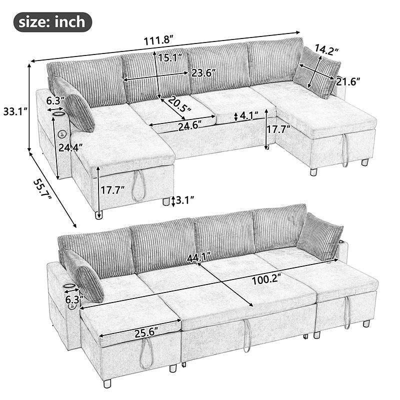 Bellemave® 111.8" Sectional Sofa Pull - Out Sofa Bed with Large Storage Space, Two USB Ports and Two Cup Holders - Bellemave