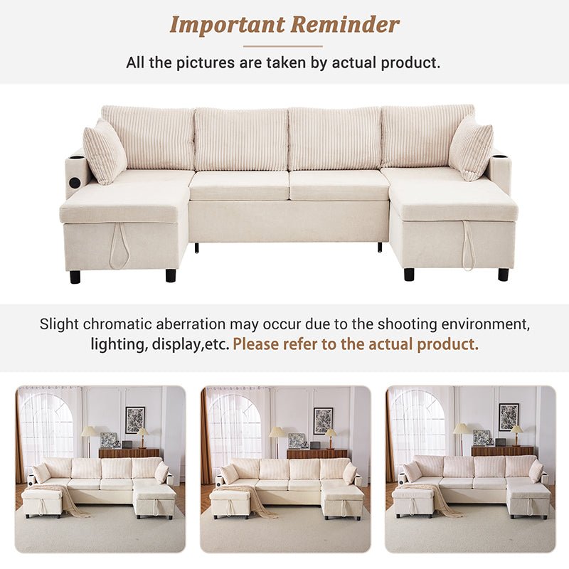 Bellemave® 111.8" Sectional Sofa Pull - Out Sofa Bed with Large Storage Space, Two USB Ports and Two Cup Holders - Bellemave