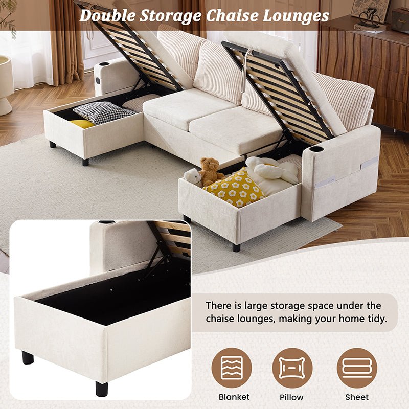 Bellemave® 111.8" Sectional Sofa Pull - Out Sofa Bed with Large Storage Space, Two USB Ports and Two Cup Holders - Bellemave