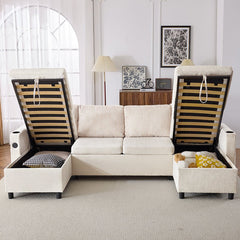 Bellemave® 111.8" Sectional Sofa Pull - Out Sofa Bed with Large Storage Space, Two USB Ports and Two Cup Holders - Bellemave