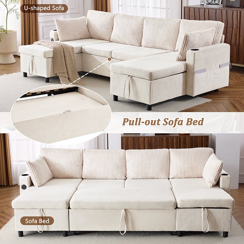 Bellemave® 111.8" Sectional Sofa Pull - Out Sofa Bed with Large Storage Space, Two USB Ports and Two Cup Holders - Bellemave
