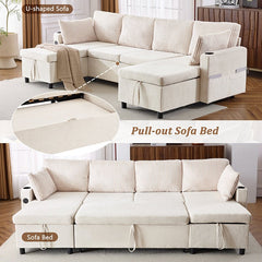 Bellemave® 111.8" Sectional Sofa Pull - Out Sofa Bed with Large Storage Space, Two USB Ports and Two Cup Holders - Bellemave