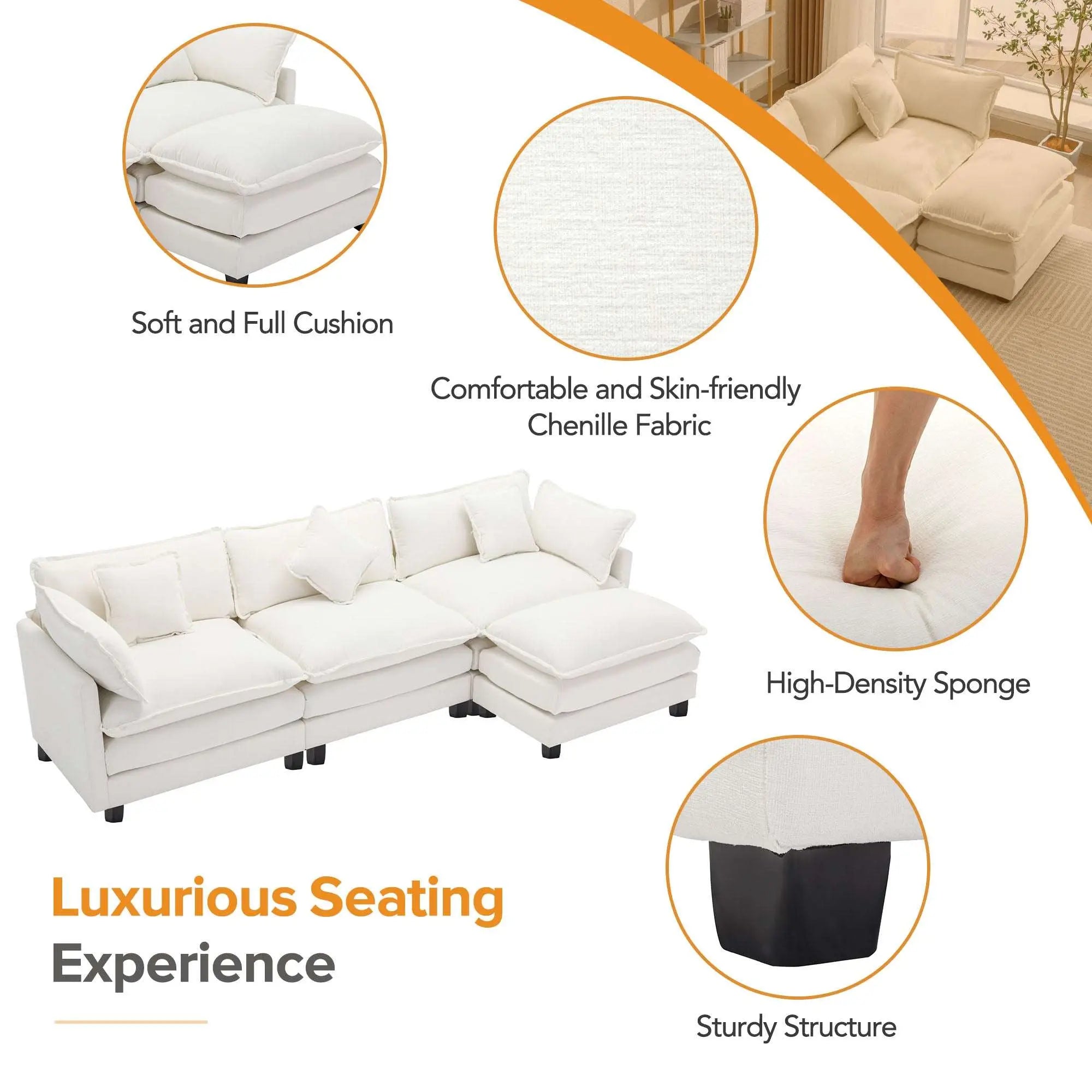 Bellemave® 112.2" L - Shape Chenille Upholstered Sofa for Living Room Modern Luxury Sofa Couch with Ottoman and 5 Pillows - Bellemave