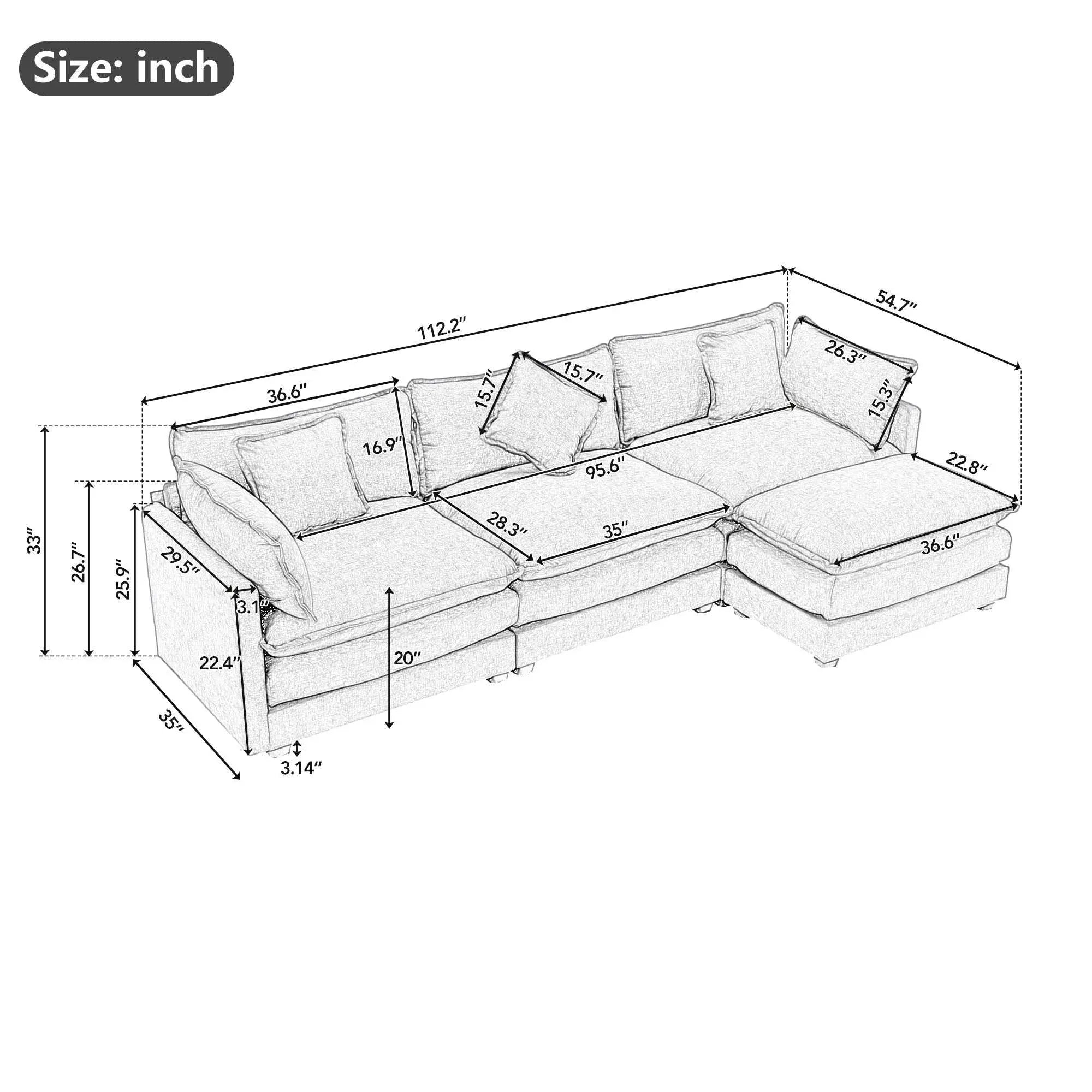 Bellemave® 112.2" L - Shape Chenille Upholstered Sofa for Living Room Modern Luxury Sofa Couch with Ottoman and 5 Pillows - Bellemave