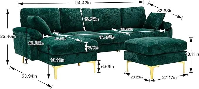 Bellemave® 114" U - Shape Sectional Sofa, Mid Century Modern Couch with Chaise and Ottoman - Bellemave