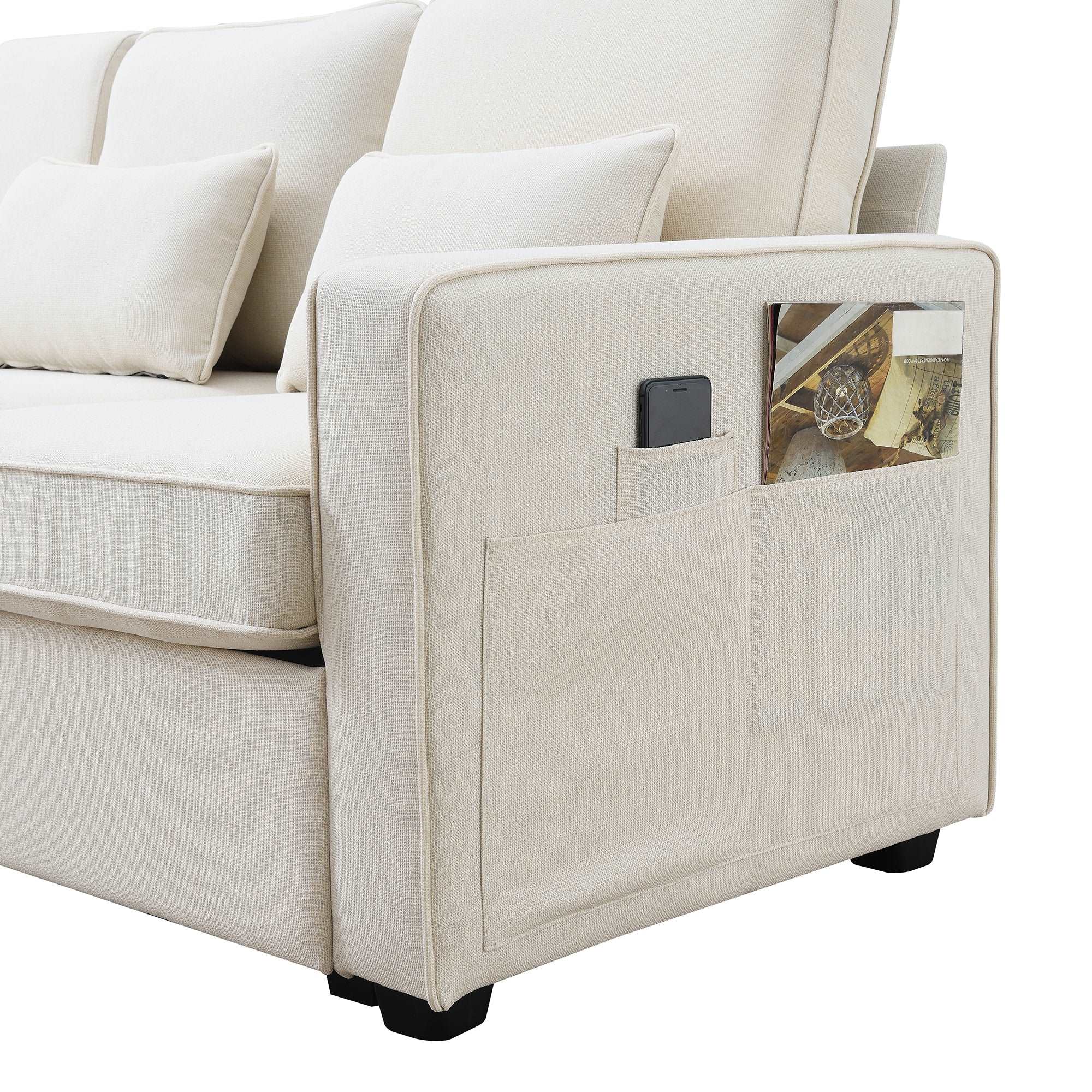 Bellemave® 114.2" Upholstered Sofa with Console and 2 Cupholders,2 USB Ports and 4 Pillows - Bellemave