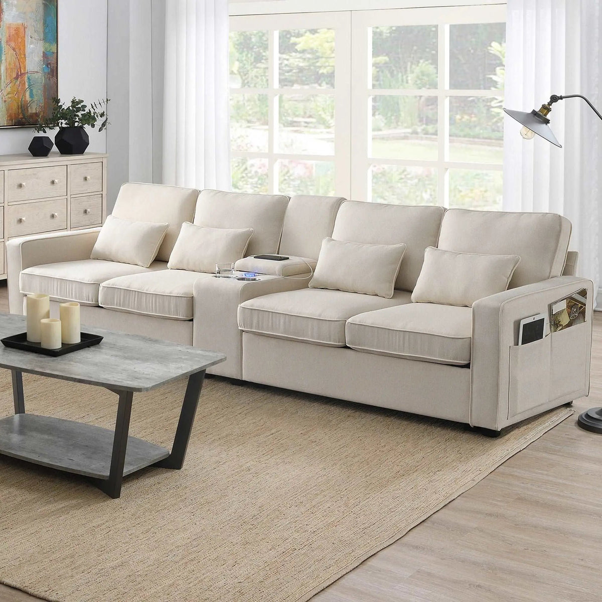 Bellemave® 114.2" Upholstered Sofa with Console and 2 Cupholders,2 USB Ports and 4 Pillows - Bellemave