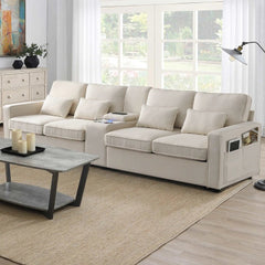 Bellemave® 114.2" Upholstered Sofa with Console and 2 Cupholders,2 USB Ports and 4 Pillows - Bellemave