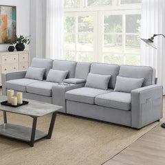 Bellemave® 114.2" Upholstered Sofa with Console and 2 Cupholders,2 USB Ports and 4 Pillows - Bellemave