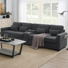 Bellemave® 114.2" Upholstered Sofa with Console and 2 Cupholders,2 USB Ports and 4 Pillows - Bellemave