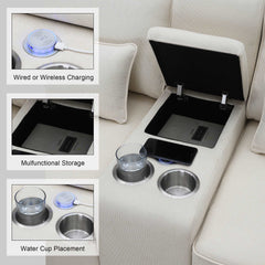 Bellemave® 114.2" Upholstered Sofa with Console and 2 Cupholders,2 USB Ports and 4 Pillows - Bellemave