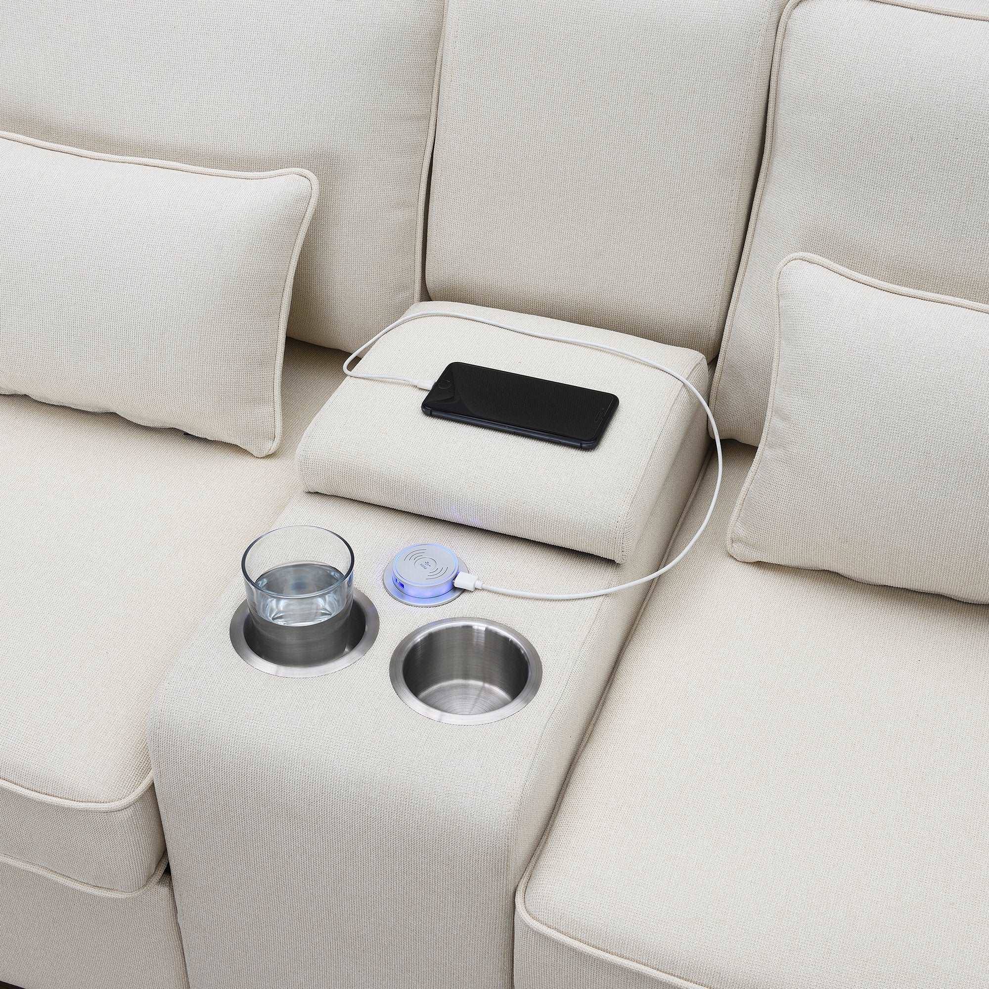 Bellemave® 114.2" Upholstered Sofa with Console and 2 Cupholders,2 USB Ports and 4 Pillows - Bellemave
