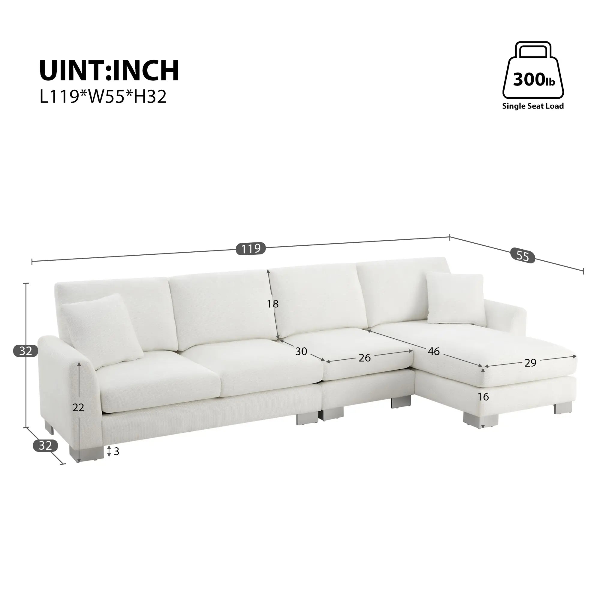 Bellemave® 119" L - Shaped Modern Chenille Oversized Sectional Sofa with 2 Free pillows - Bellemave