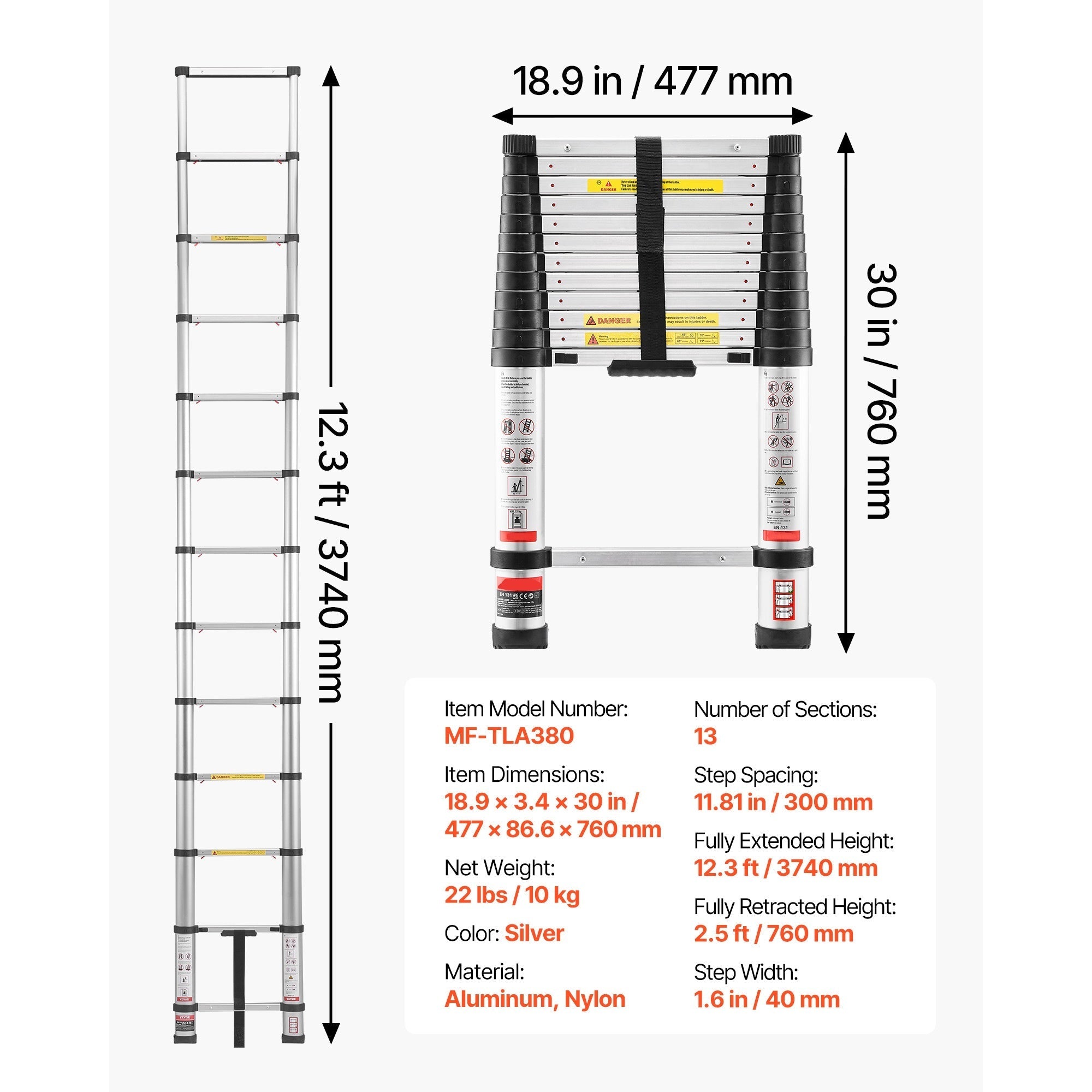 Bellemave® 12.5ft Telescoping Ladder, Aluminum Lightweight Multi - Purpose Collapsible Extension, One - Touch Retraction Ladder, for Home, Outdoor Work & Loft - Bellemave