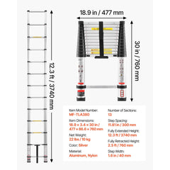 Bellemave® 12.5ft Telescoping Ladder, Aluminum Lightweight Multi - Purpose Collapsible Extension, One - Touch Retraction Ladder, for Home, Outdoor Work & Loft - Bellemave