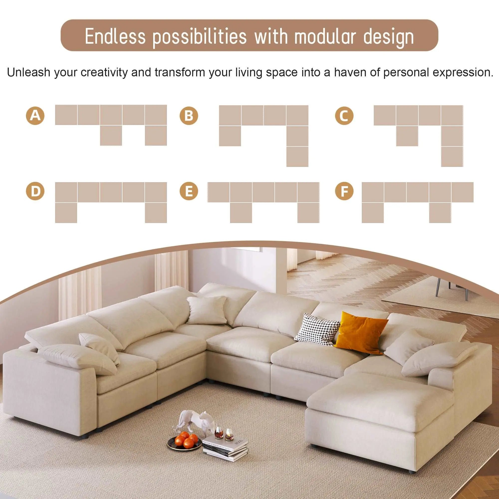 Bellemave® 129.3" Oversized Modular Sectional Sofa with Ottoman L Shaped Corner Sectional - Bellemave