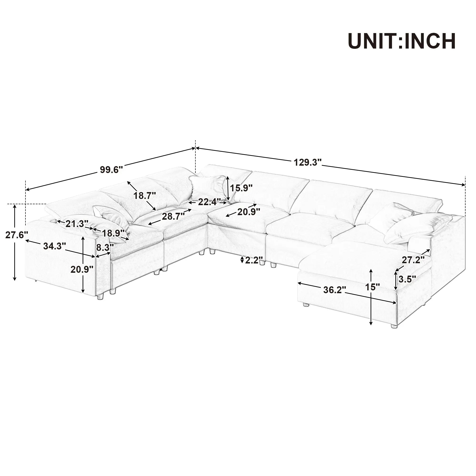 Bellemave® 129.3" Oversized Modular Sectional Sofa with Ottoman L Shaped Corner Sectional - Bellemave
