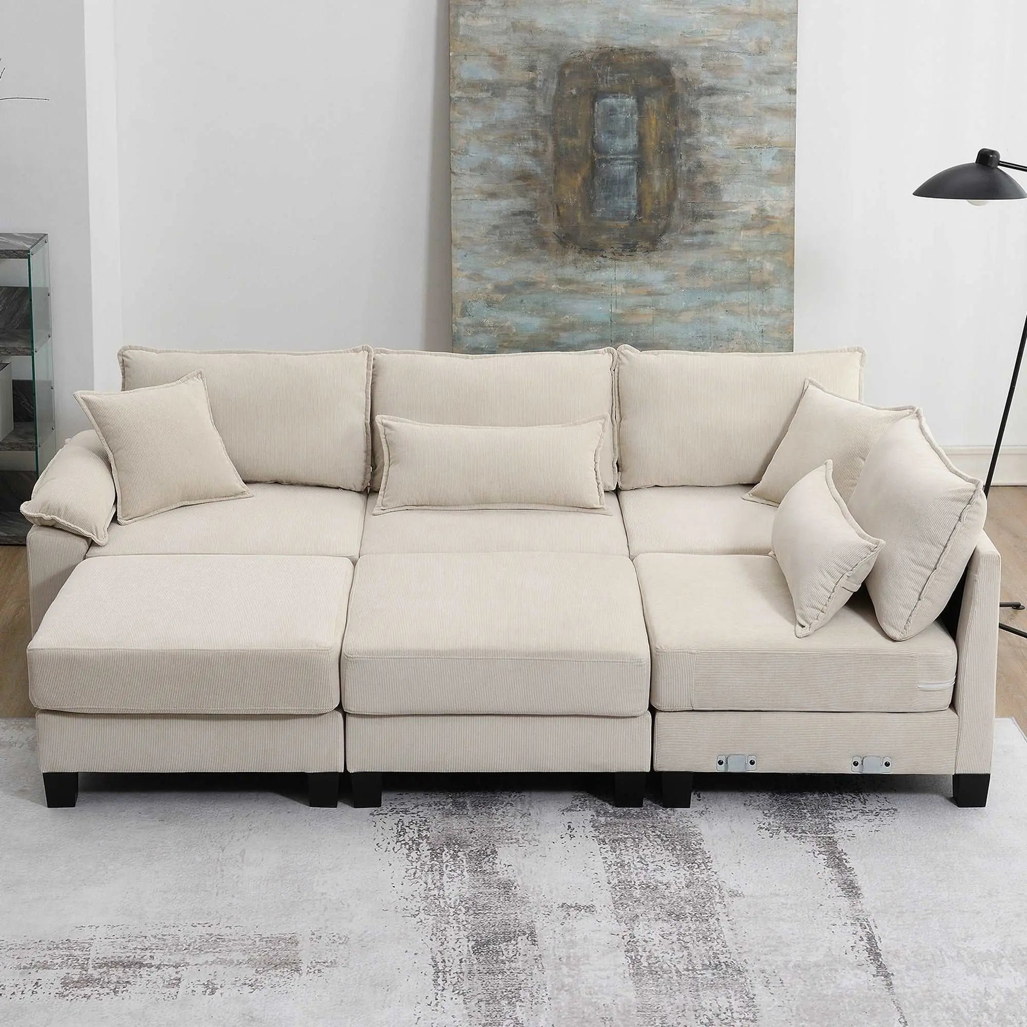 Bellemave® 133" Corduroy Modular Sectional Sofa,U Shaped Couch with Armrest Bags,6 Seat Freely Combinable Sofa Bed - Bellemave