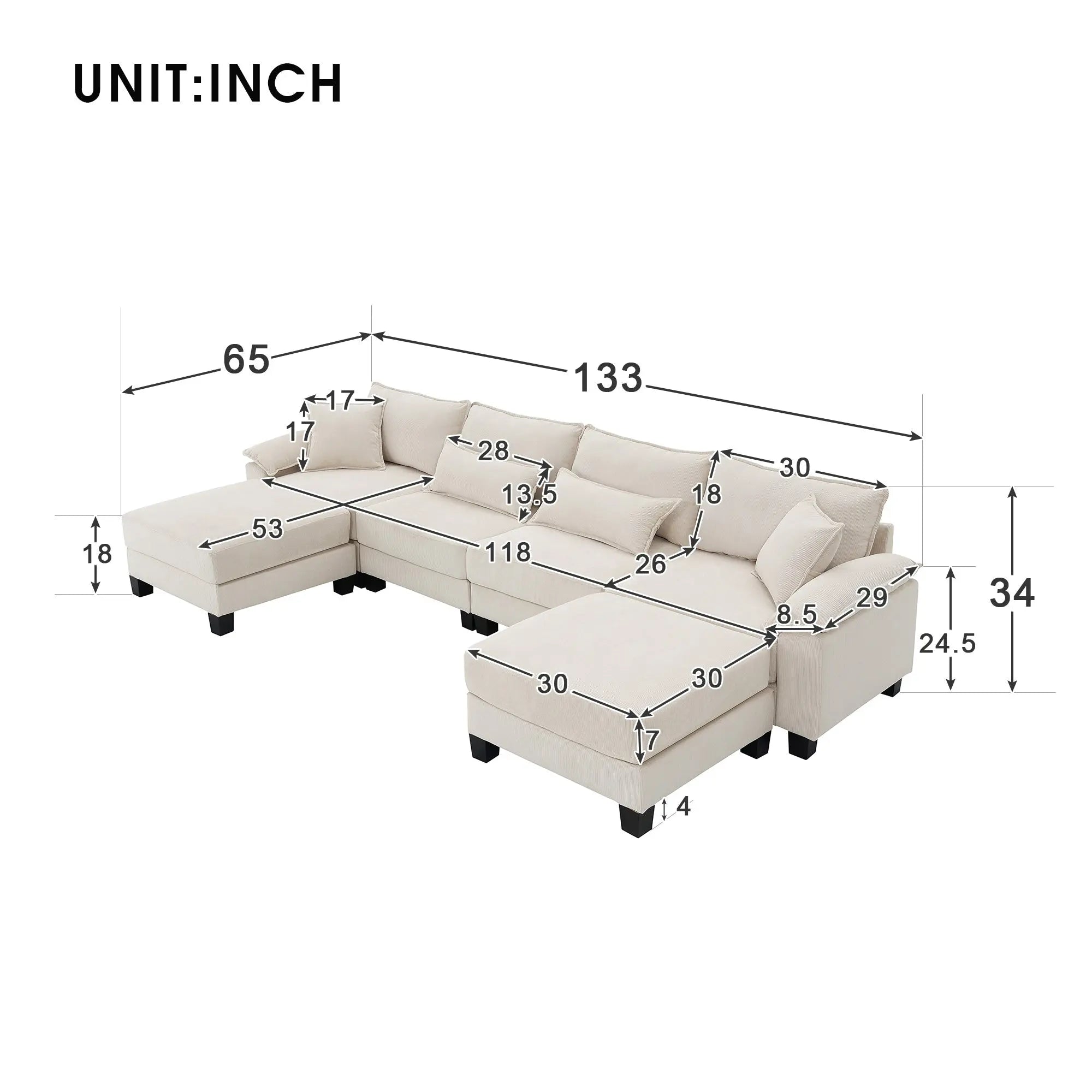 Bellemave® 133" Corduroy Modular Sectional Sofa,U Shaped Couch with Armrest Bags,6 Seat Freely Combinable Sofa Bed - Bellemave