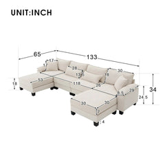 Bellemave® 133" Corduroy Modular Sectional Sofa,U Shaped Couch with Armrest Bags,6 Seat Freely Combinable Sofa Bed - Bellemave