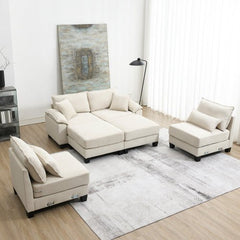 Bellemave® 133" Wide Seat Corduroy Modular Sectional Sofa with Armrest Pillow and Ottomans - Bellemave