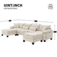 Bellemave® 133" Wide Seat Corduroy Modular Sectional Sofa with Armrest Pillow and Ottomans - Bellemave