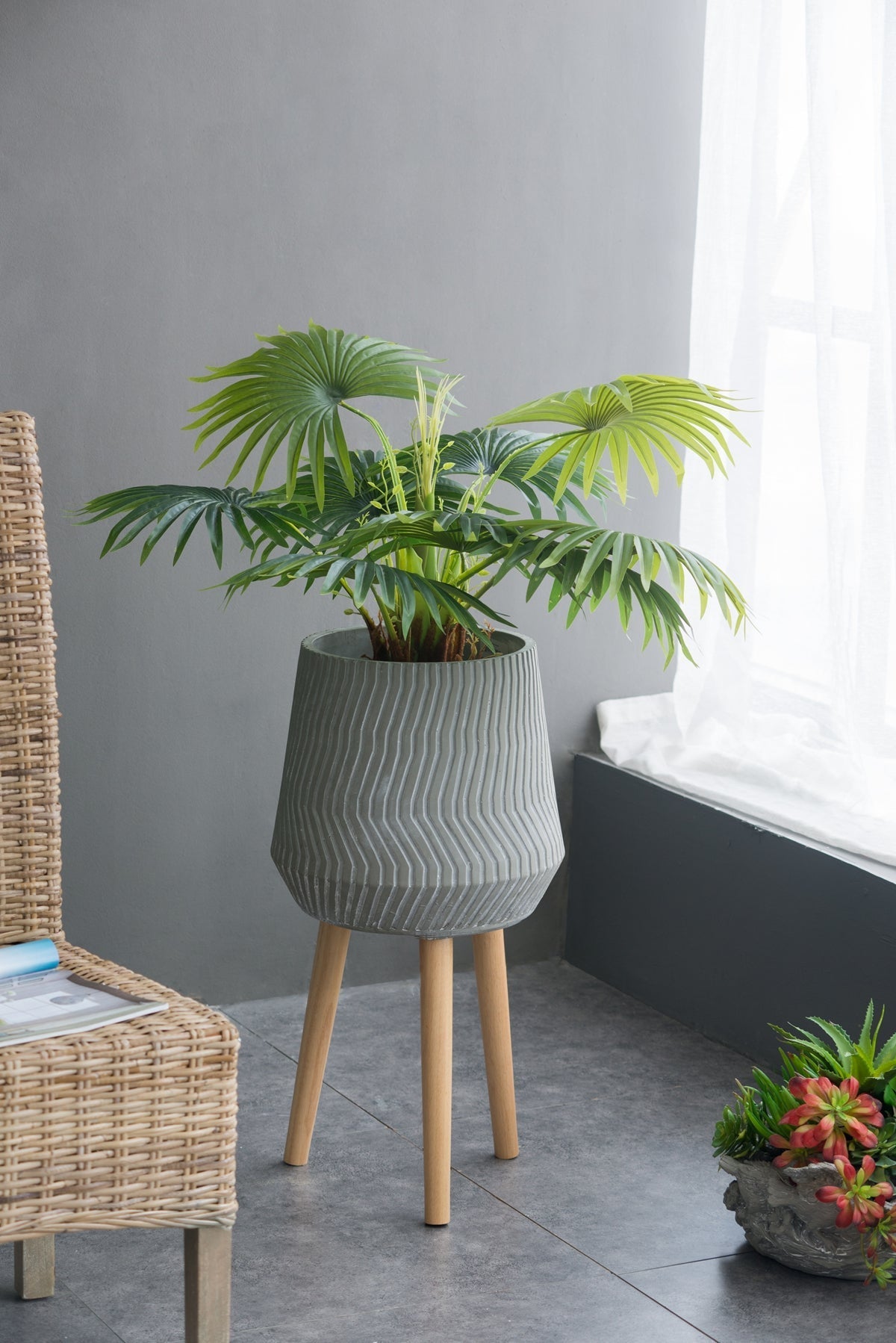 Bellemave® 14.6x14.6x28" Cement and Wood Plant Stand, Indoor Outdoor Plant Holder - Bellemave