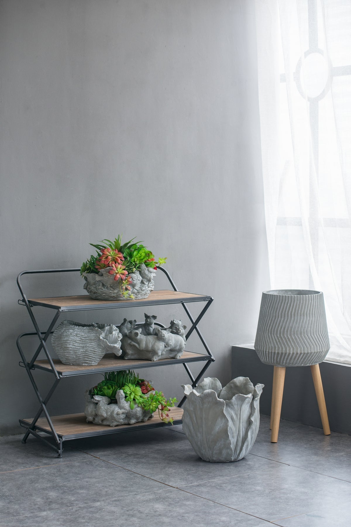 Bellemave® 14.6x14.6x28" Cement and Wood Plant Stand, Indoor Outdoor Plant Holder - Bellemave