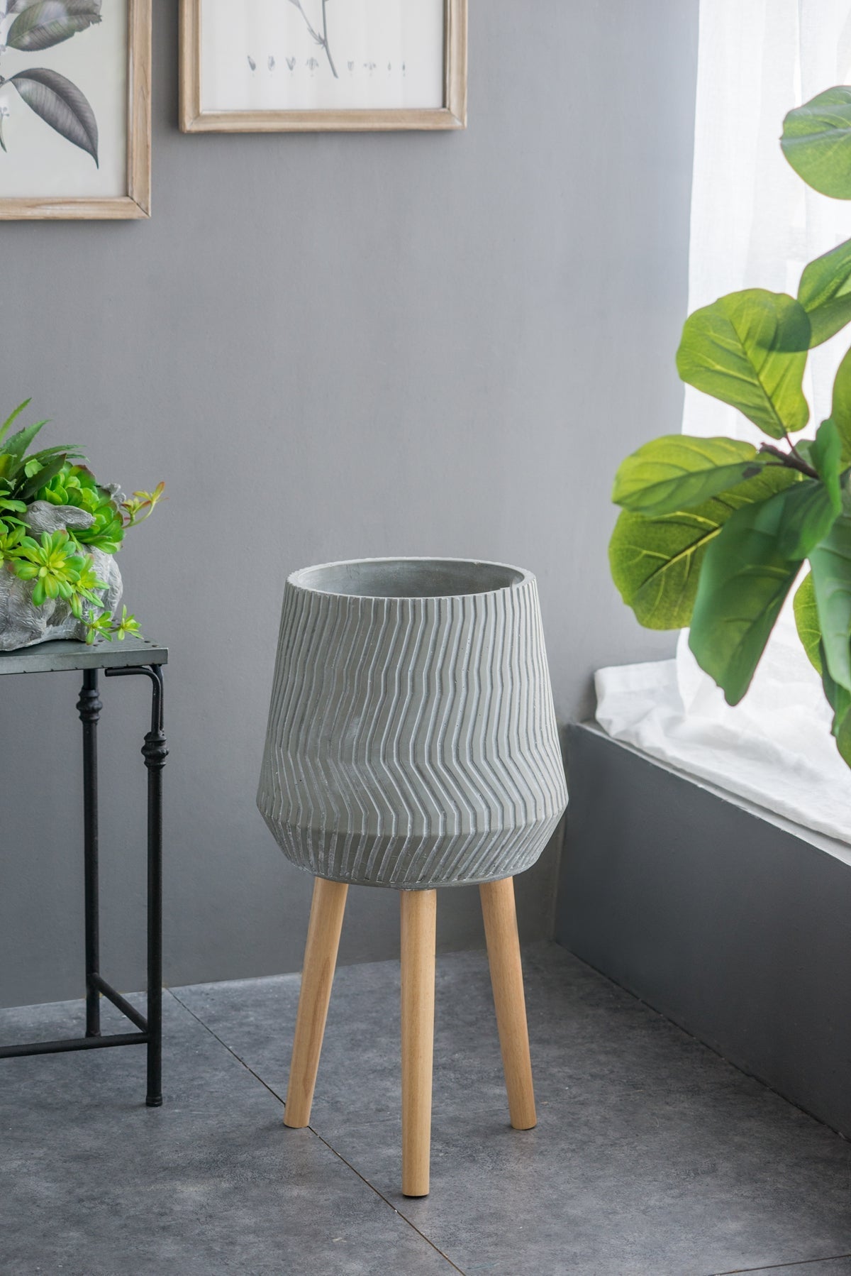 Bellemave® 14.6x14.6x28" Cement and Wood Plant Stand, Indoor Outdoor Plant Holder - Bellemave