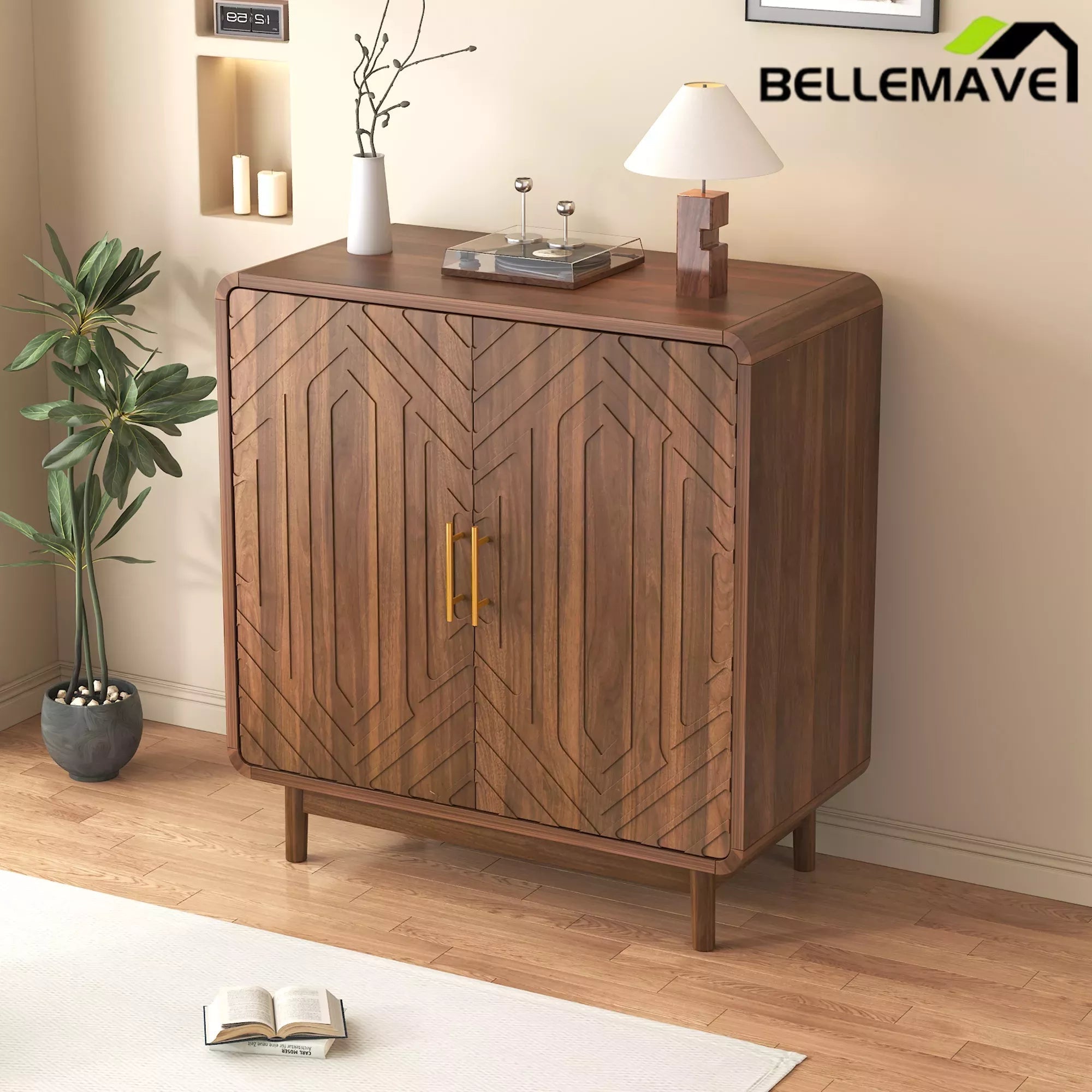 Bellemave® 2 Door Wood Storage Cabinet - Farmhouse Buffet Cabinet with Adjustable Shelves for Small Spaces, Walnut - Bellemave