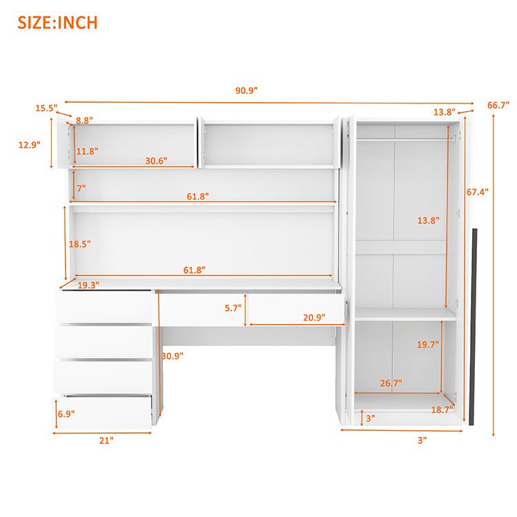 Bellemave® 2 Door Wooden Storage Desk Wardrobe for Bedroom with Shelves and 8 Drawers - Bellemave