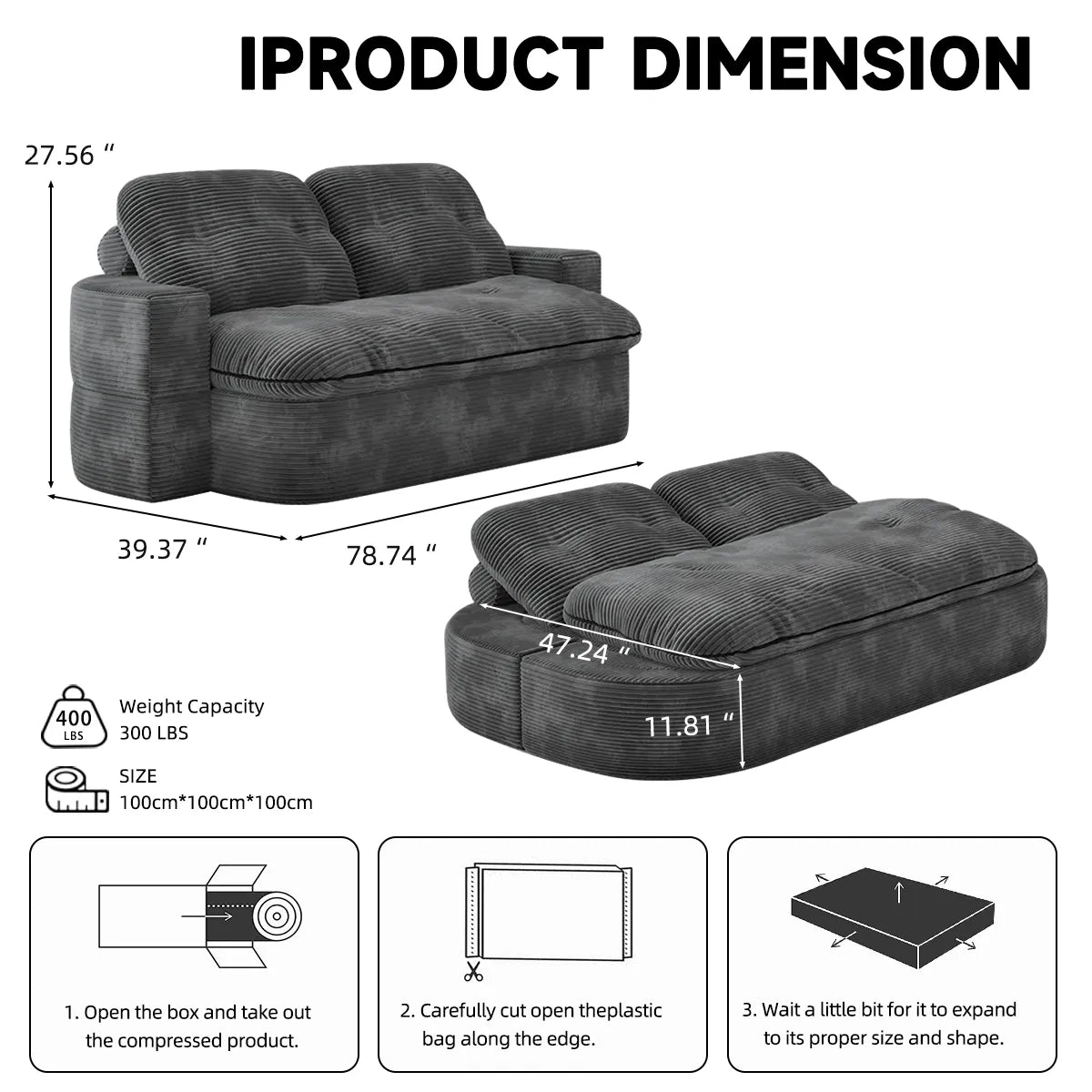 Bellemave® 2 - in - 1 Convertible Modular Sofa Bed with Memory Foam Mattress - No Assembly Required - Bellemave
