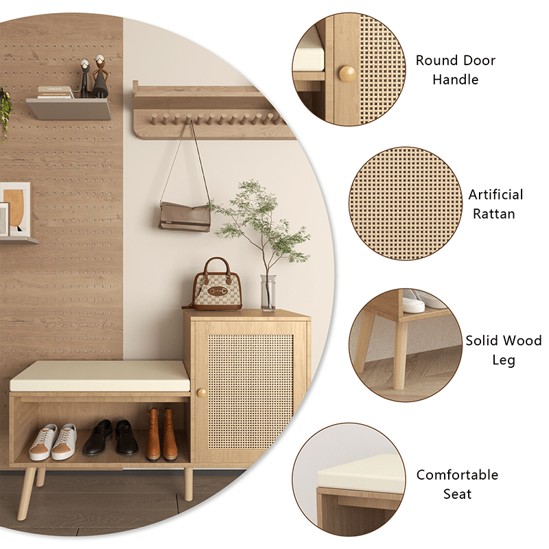 Bellemave® 2 - in - 1 Natural Rattan Shoe Cabinet with 2 Adjustable Shelves and Removable Seat Cushion - Bellemave
