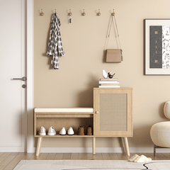 Bellemave® 2 - in - 1 Natural Rattan Shoe Cabinet with 2 Adjustable Shelves and Removable Seat Cushion - Bellemave