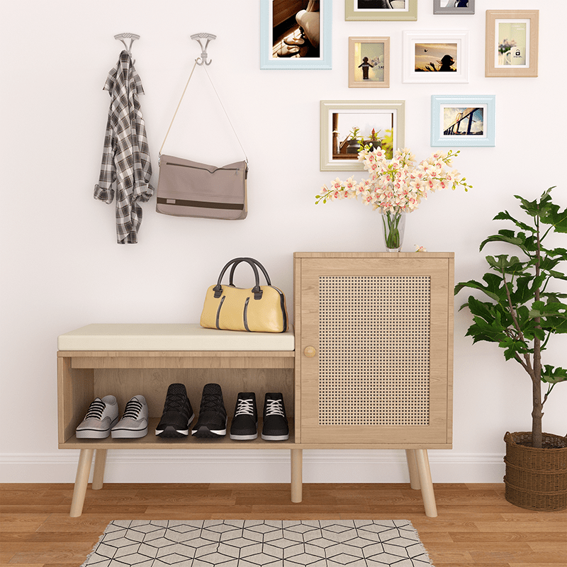 Bellemave® 2 - in - 1 Natural Rattan Shoe Cabinet with 2 Adjustable Shelves and Removable Seat Cushion - Bellemave