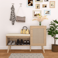 Bellemave® 2 - in - 1 Natural Rattan Shoe Cabinet with 2 Adjustable Shelves and Removable Seat Cushion - Bellemave