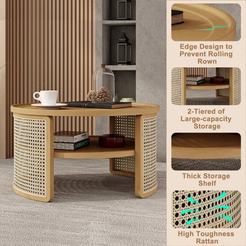 Bellemave® 2 - Tiered Round Natural Wood Coffee Table with Storage Rattan Base - Bellemave