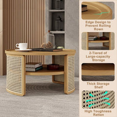 Bellemave® 2 - Tiered Round Natural Wood Coffee Table with Storage Rattan Base - Bellemave