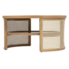 Bellemave® 2 - Tiered Round Natural Wood Coffee Table with Storage Rattan Base - Bellemave