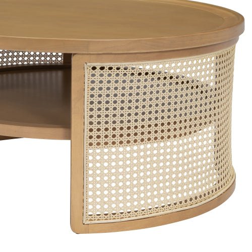 Bellemave® 2 - Tiered Round Natural Wood Coffee Table with Storage Rattan Base - Bellemave